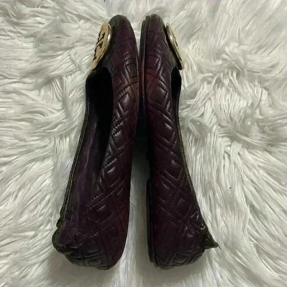 Tory Burch Women's Quilted Minnie Flats, Port, Red, Purple, 7.5M